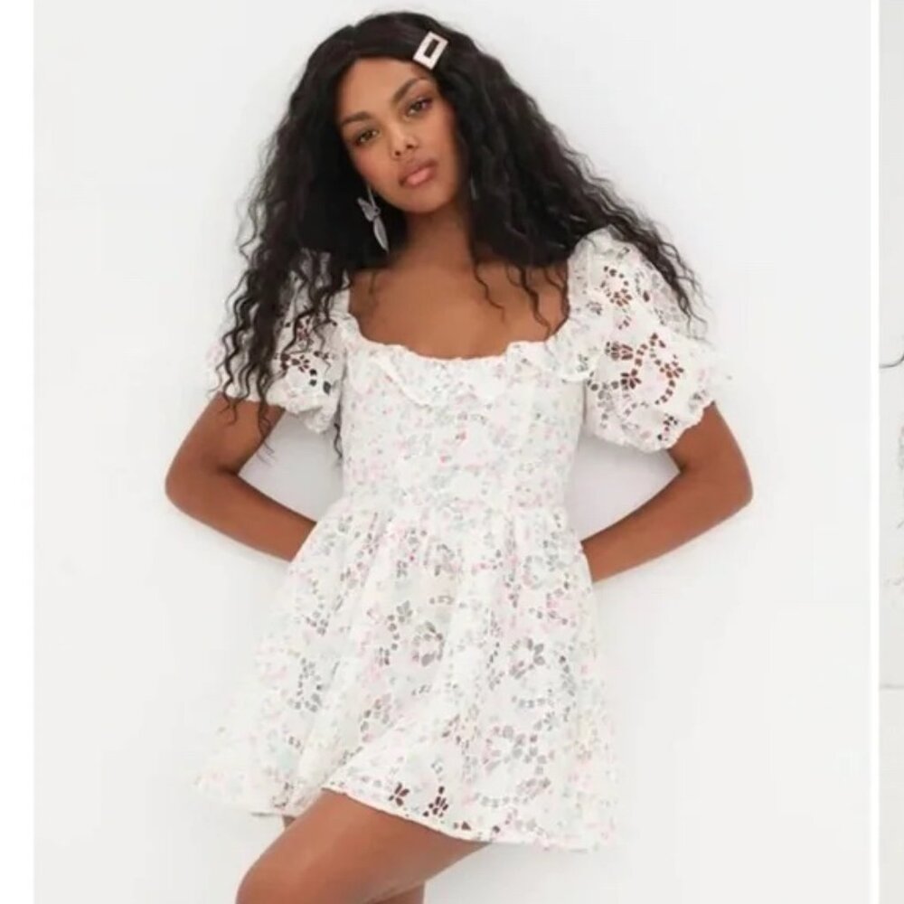 NWT | For Love & Lemons Magnolia White Pink Floral Mini Dress M